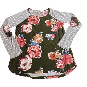 Pink Clover Floral Striped Raglan Top Olive Green Long Sleeve Mixed Media